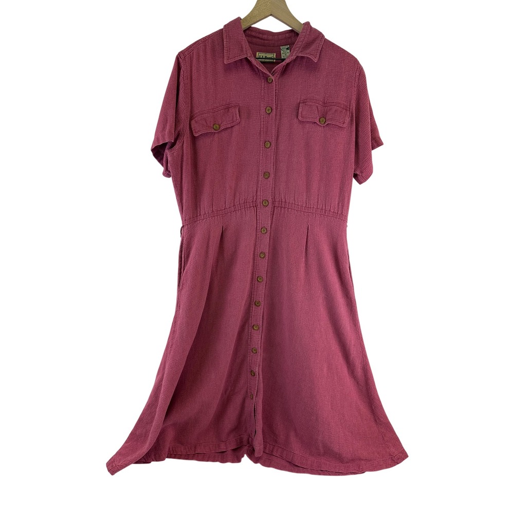 LL Bean Vintage Shirt Midi Dress Pink Waffle Knit Button Front Pockets Plus 16